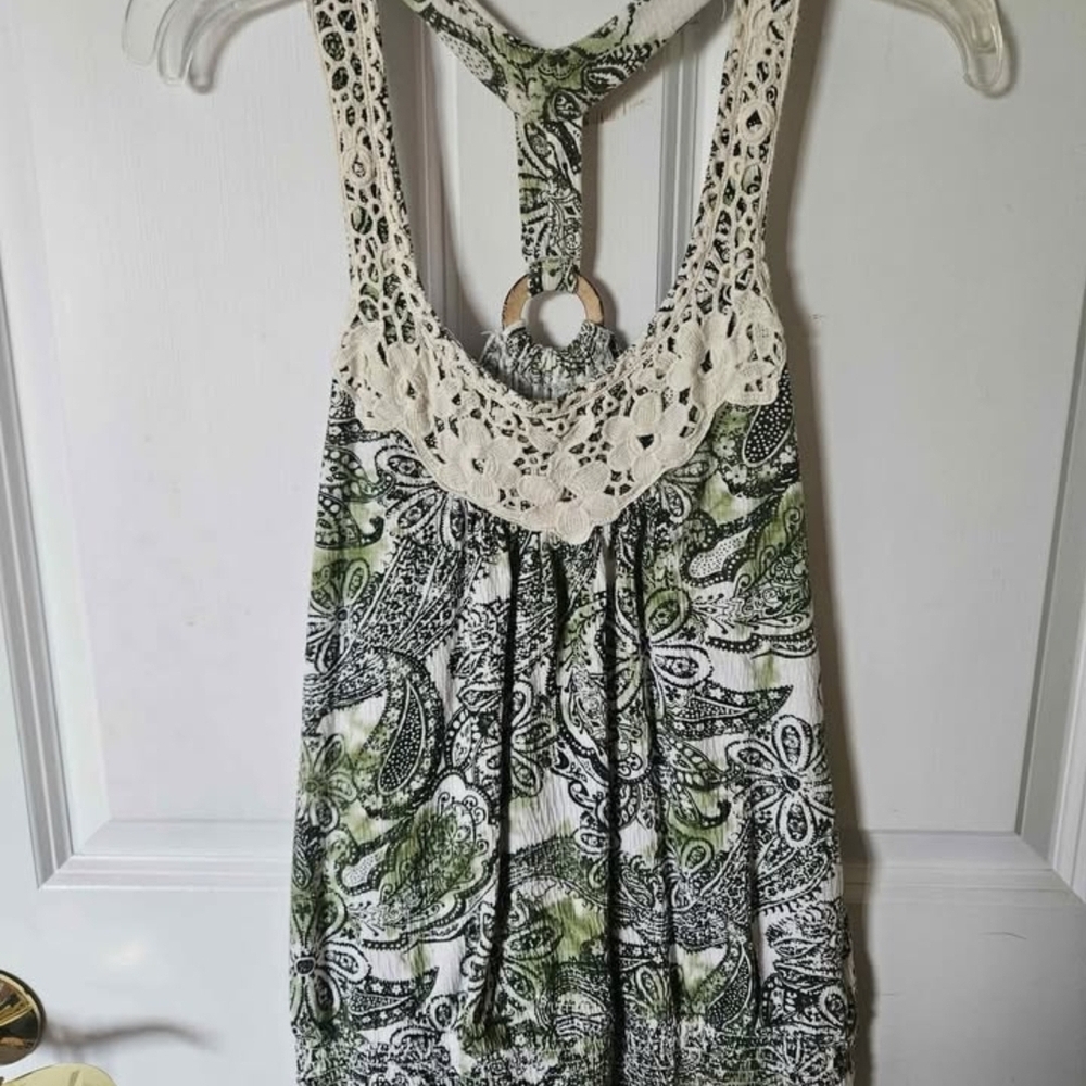Self Esteem Green and White Paisley Tank Top